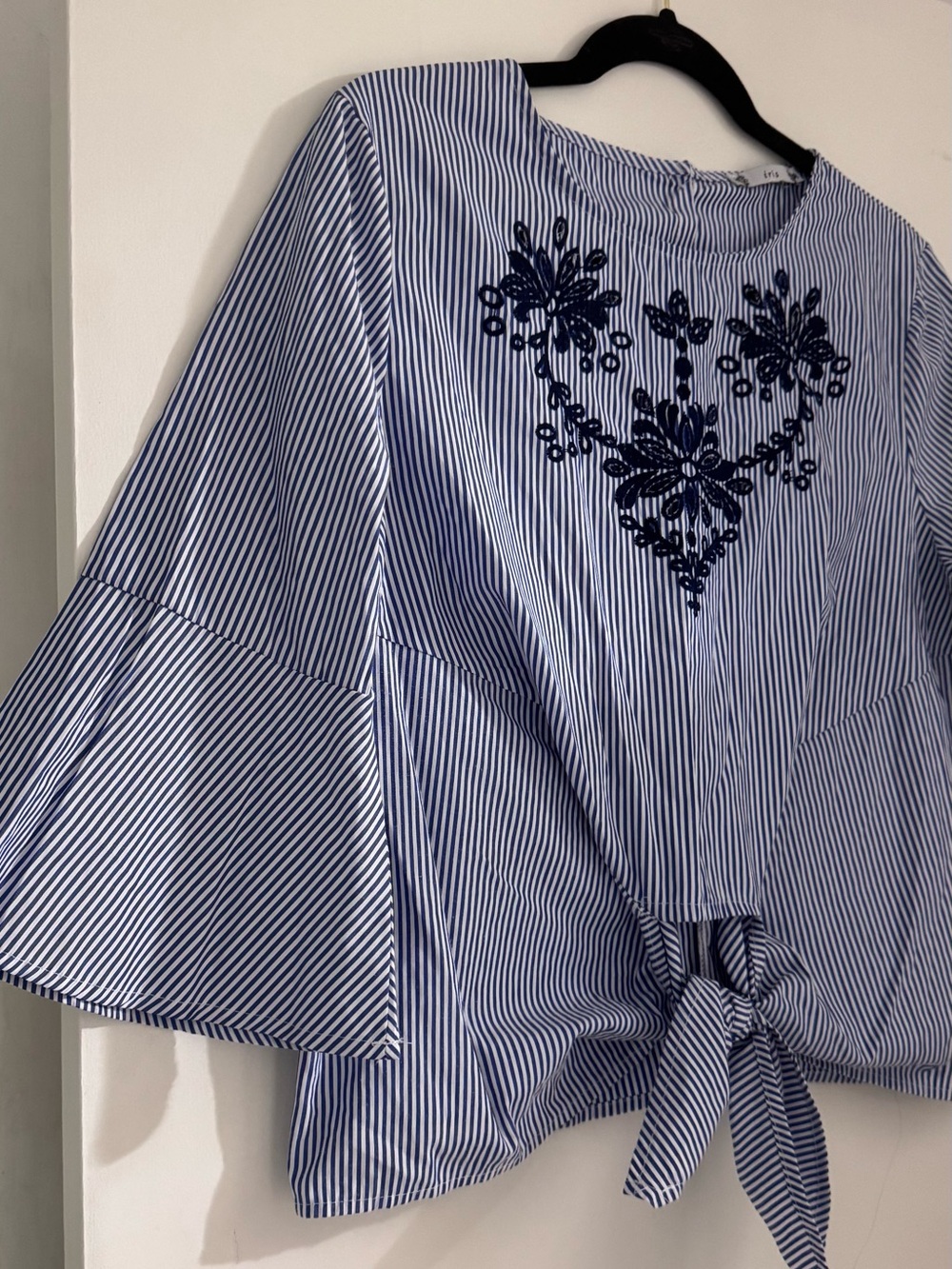 Blue Tie-Front Embroidered Blouse and Navy Pants Set - Picture 3 of 7